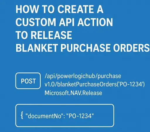 Custom API action to release Business Central blanket purchase orders using POST method with Microsoft.NAV.Release and JSON document number