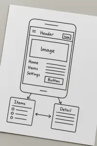 Hand-drawn wireframe sketch of a mobile app layout showing navigation menu, image placeholder, and button on white paper, illustrating early app planning for Power Apps development