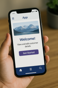 Power App on a phone with get started button menue buttons and picture as part of welcome scrreen