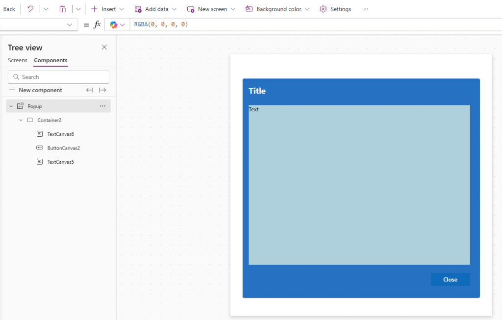 Power Apps custom pop up component with button text and title