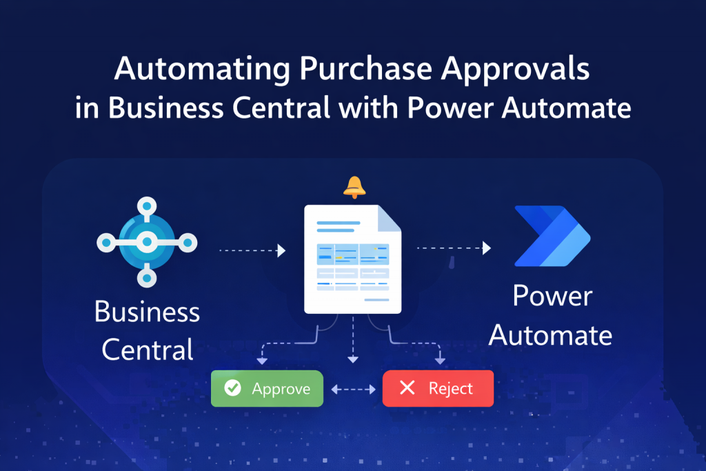Automating purchase approvals in Business Central with Power Automate illustrated as a workflow diagram showing a purchase document moving between Business Central and Power Automate with approve and reject decision options.